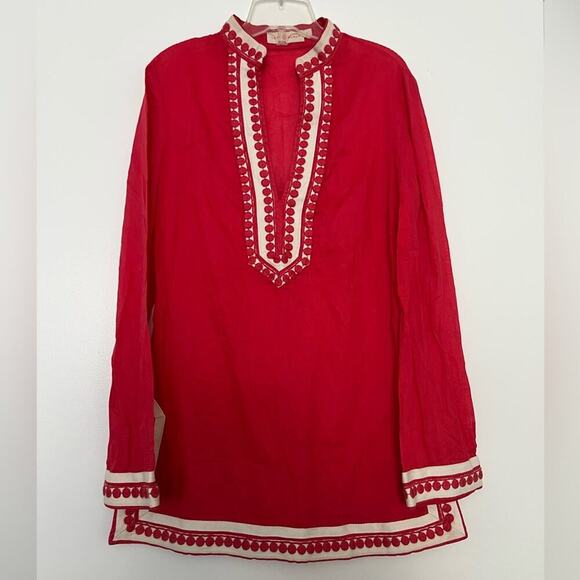 Tory Burch Long Sleeve Cotton Tunic in Carnival Red - Picture 2 of 7